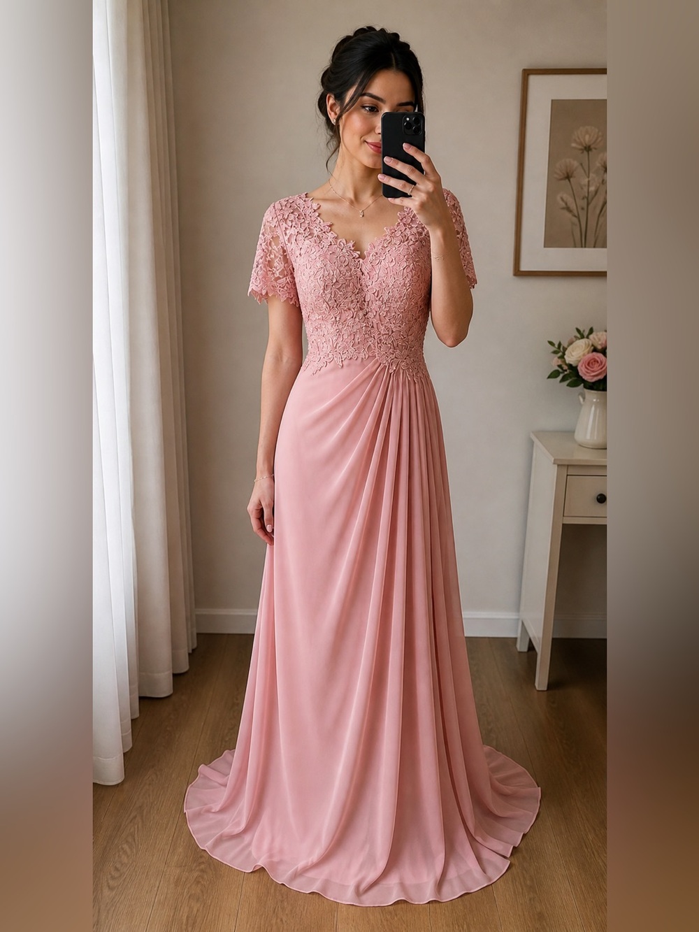 Elegant Pink Lace Bodice Evening Gown